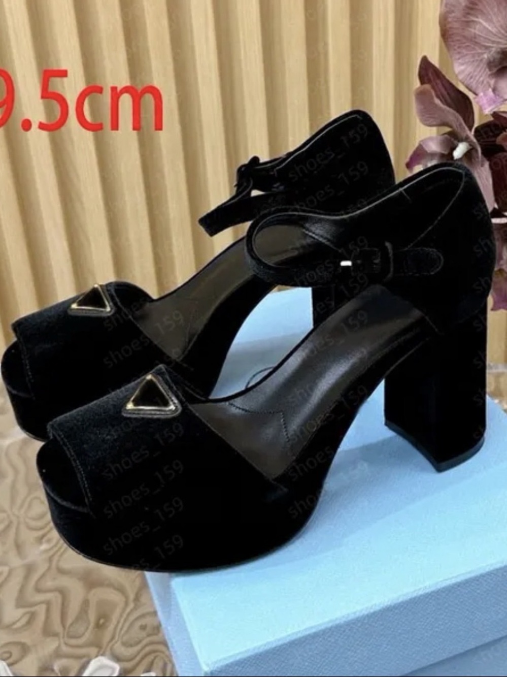 Designer Inspired Chunky Black Platform Velvet Heels
